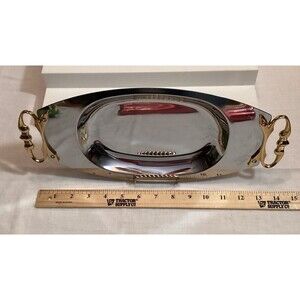Kromex MCM Silver Serving Bar Tray Dish Platter Gold Metal Handles Mid Century